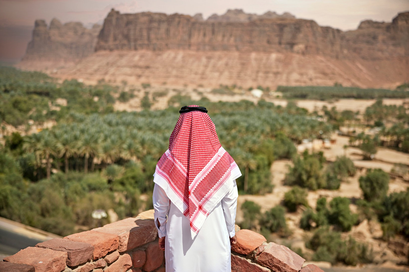 Saudi man looking at Al-Ula desert oasis and valley